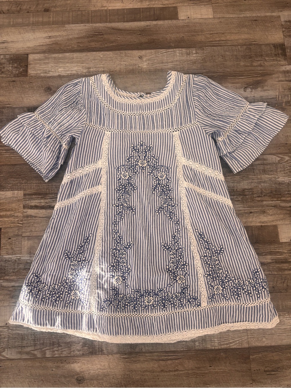 Free People Blue and White Striped Embroidered Dress